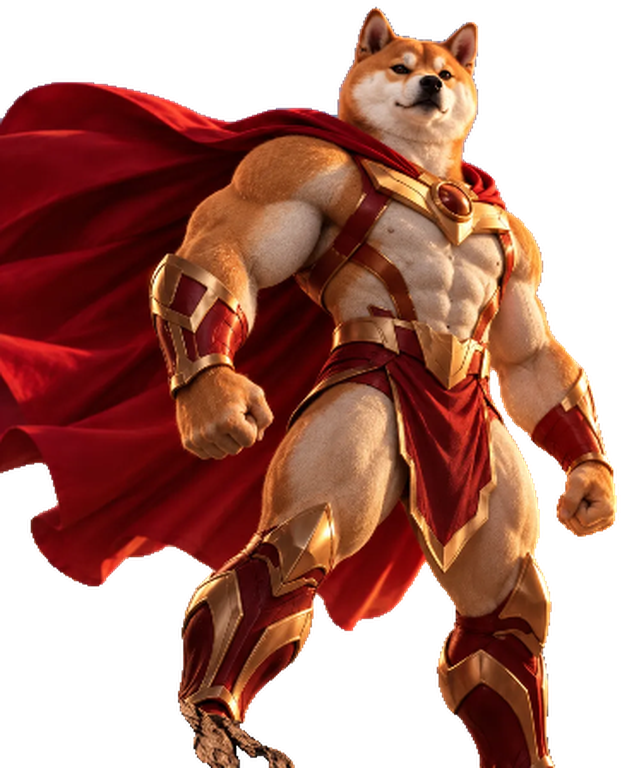INUMAN, the half-Inu half-human meme superhero, standing in red and gold armor with a flowing cape