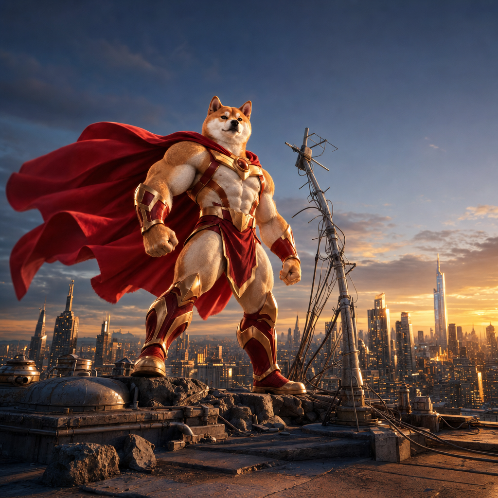 INUMAN standing on a rooftop above a glowing city skyline at dusk